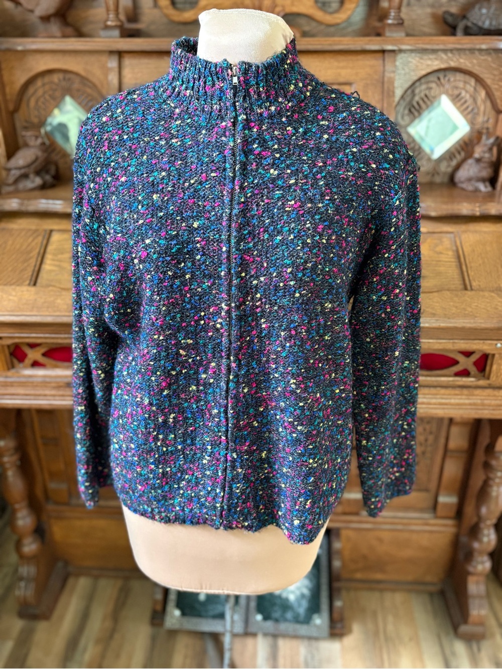 Vintage retro 80s Wool Blend Zip-Front Navy Tweed Speckle Women's Sweater